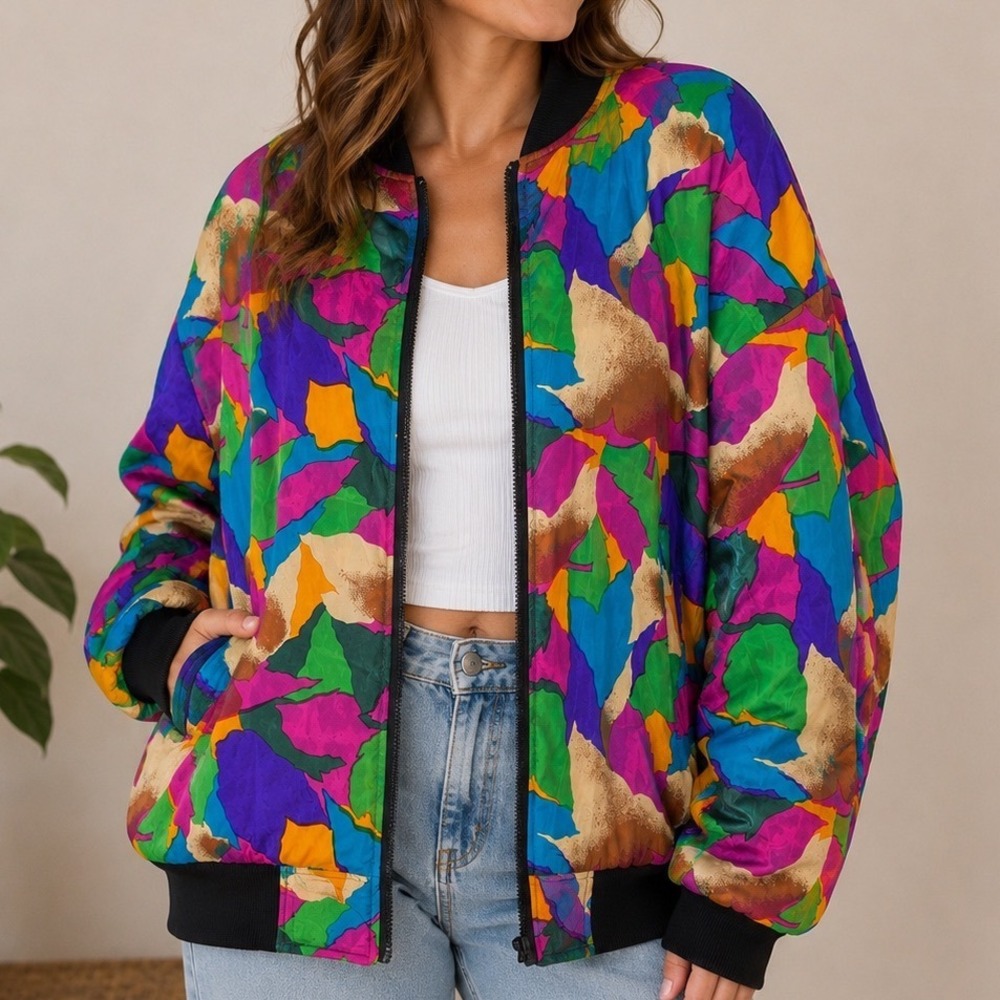 Carol Horn 100% SILK Bomber Jacket Large Colorful Abstract Floral Vintage Artsy